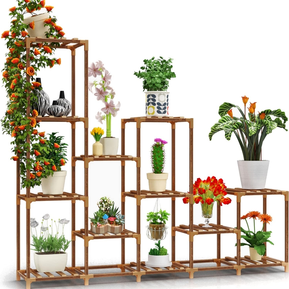 WAPAG 12 Tiers Plant Stand Indoor Outdoor, Large Wooden Plant Shelf